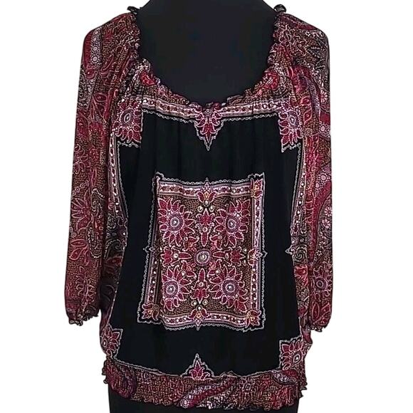 Boho Paisley Floral Puff Sleeve Blouse Pink Black Gypsy Romantic Top Sz L EUC - Picture 2 of 8